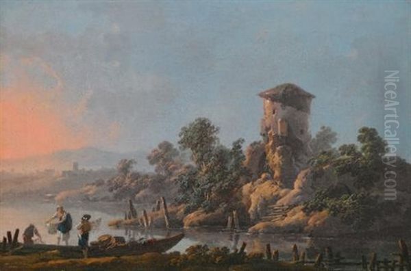 A River Landscape With A Ruined Tower And Fishermen With Their Nets In The Foreground Oil Painting by Jean Baptiste Pillement