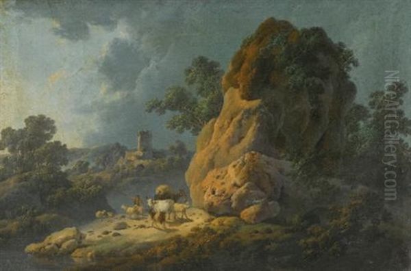 Landscape With A Herder And His Goats, Sheep, A Donkey, And A Cow, A Tower Beyond Oil Painting by Jean Baptiste Pillement