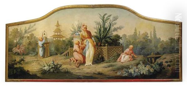 A Chinoiserie Scene With A Woman And Children In A Garden, A Temple Beyond Oil Painting by Jean Baptiste Pillement