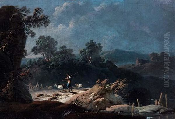 Paysage Aux Rochers (+ Paysage A La Riviere Avec Patre Au Repos; Pair) Oil Painting by Jean Baptiste Pillement