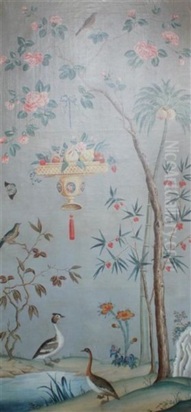 Chinoiserie Landscapes With Exotic Birds, Flowers And Lanterns (4 Works) Oil Painting by Jean Baptiste Pillement