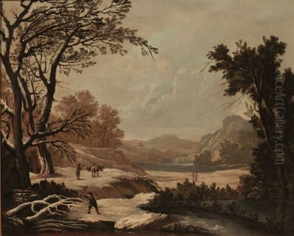 Paysage D'hiver Avec Un Bucheron Fendant Du Bois Oil Painting by Jean Baptiste Pillement