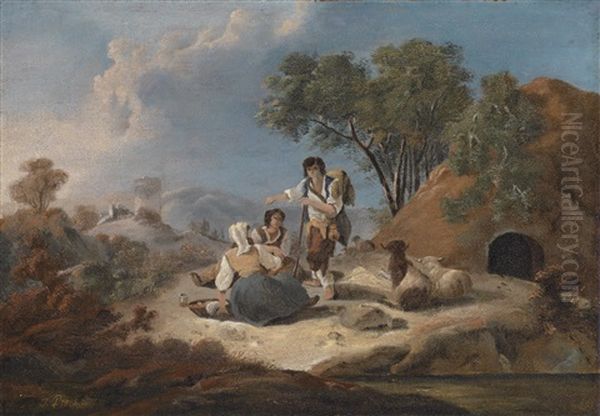 Landschaft Mit Einer Portugiesischen Schaferfamilie Und Hirten An Einem Bachlauf (+ Another, Similar; Pair) Oil Painting by Jean Baptiste Pillement