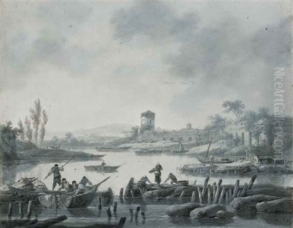 Pecheurs Remontant Leurs Filets Dans Des Barques Au Bord Du Rivage, Une Tour A L'arriere-plan Oil Painting by Jean Baptiste Pillement