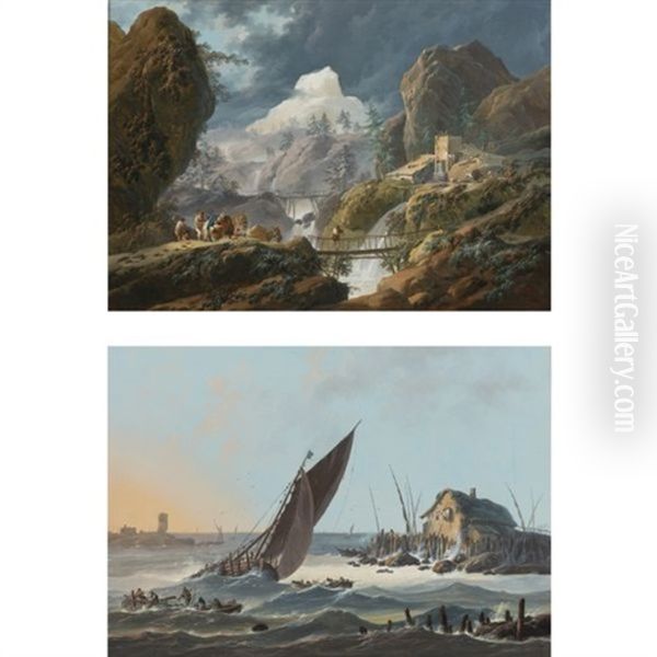 A Mountainous Landscape With Two Foot Bridges And Travelers (+ A View Of The Tagus, Portugal, With Ships And Boats In A Rough Sea; Pair) Oil Painting by Jean Baptiste Pillement