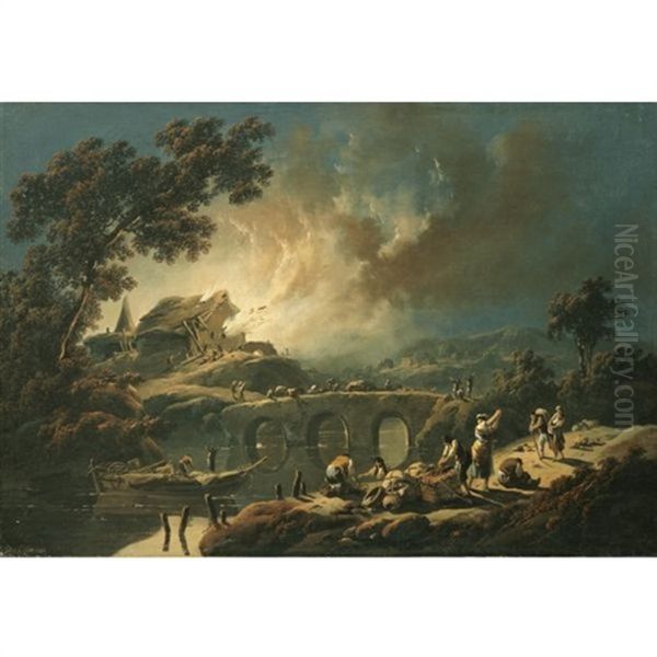 A River Landscape With Figures Fleeing A Burning Village Oil Painting by Jean Baptiste Pillement