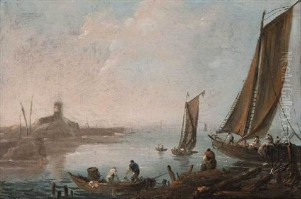 Pecheurs Dans Une Barque Et Un Bateau Devant Un Rivage Rocheux Oil Painting by Jean Baptiste Pillement