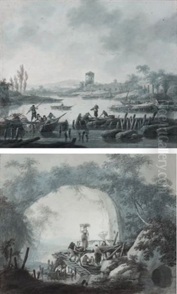 Deux Scenes De Peches (2 Works) Oil Painting by Jean Baptiste Pillement