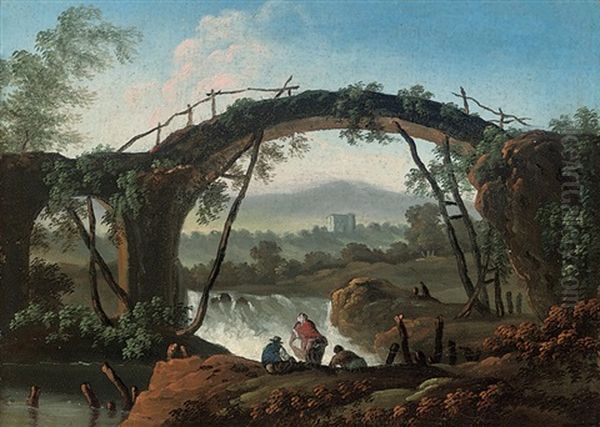 An Italianate River Landscape With Figures Under A Bridge, By A Waterfall Oil Painting by Jean Baptiste Pillement