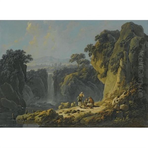 A Landscape With Peasants Resting Their Flock Beside A Waterfall Oil Painting by Jean Baptiste Pillement