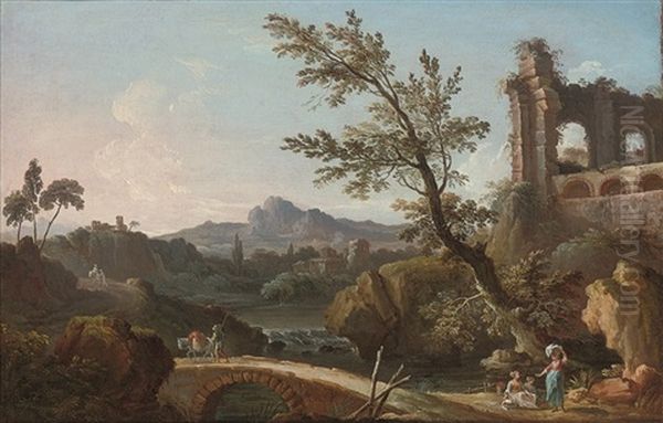 Figures On A Path Beside Ruins Oil Painting by Jean Baptiste Pillement