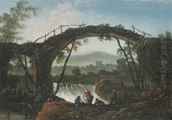 An Italianate River Landscape Oil Painting by Jean Baptiste Pillement