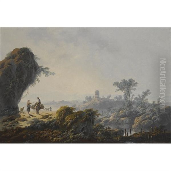 An Extensive Fluvial Landscape With Herders And Their Flock On A Path Oil Painting by Jean Baptiste Pillement