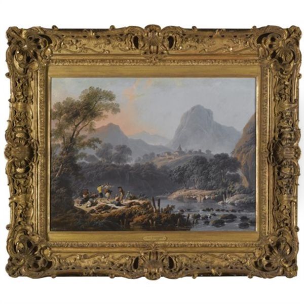 A Mountainous Landscape With Peasants Making Merry On The Bank Of A River Oil Painting by Jean Baptiste Pillement