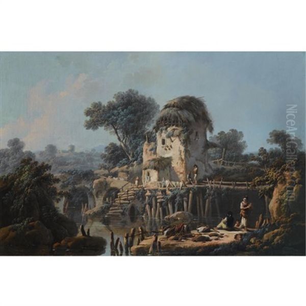 A Southern Landscape With Fishermen Near A Stone House Beside A River Oil Painting by Jean Baptiste Pillement