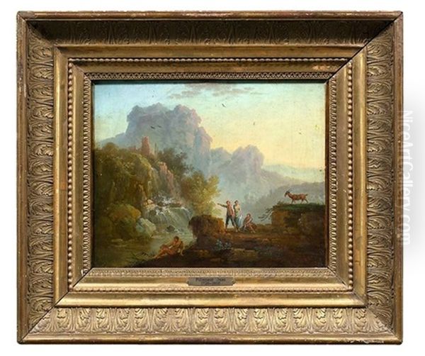 Felsige Fluslandschaft Mit Rastenden Hirten An Einem Wasserfall Oil Painting by Jean Baptiste Pillement