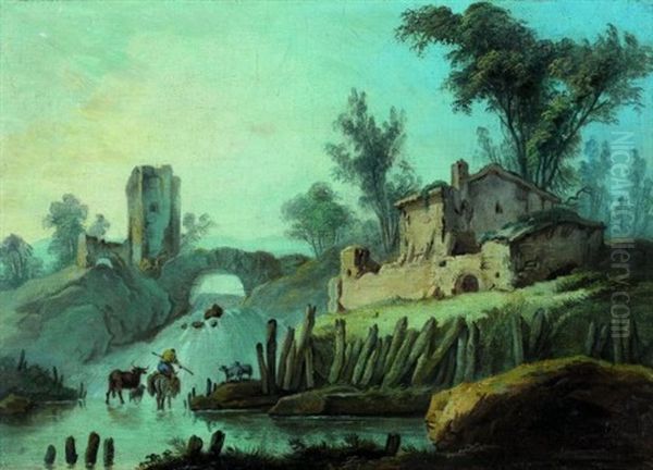 Bergers Et Leur Troupeau Devant Un Paysage De Cascade (pair) Oil Painting by Jean Baptiste Pillement