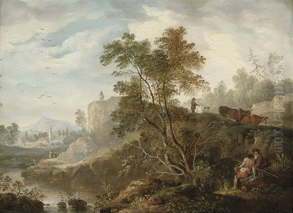 A River Landscape With Fishermen On The Bank by Jean Baptiste Pillement