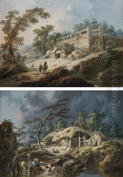 Dawn: A River Landscape (+ Dusk: A River Landscape; 2 Works) Oil Painting by Jean Baptiste Pillement