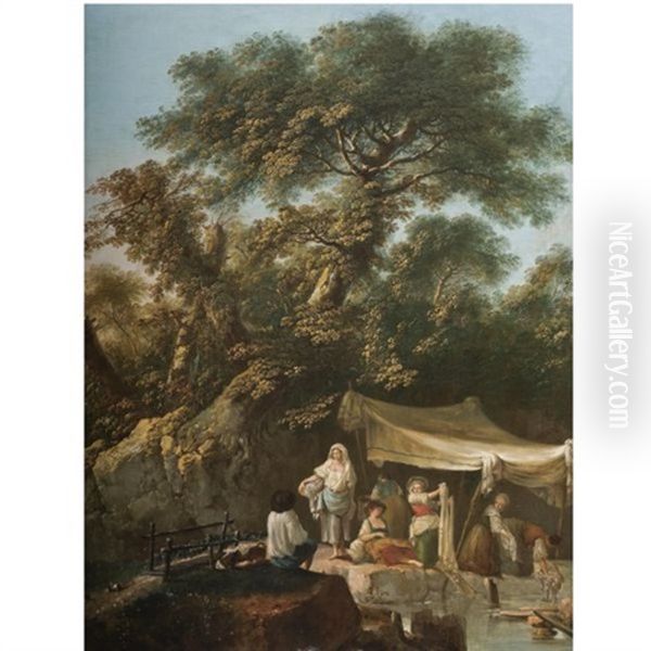 Washerwomen By The River Oil Painting by Jean Baptiste Pillement