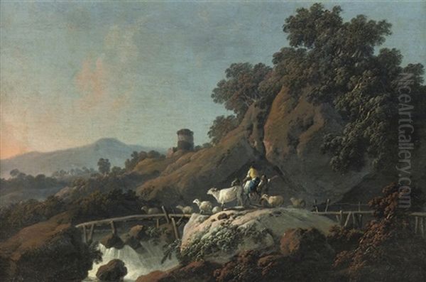 Peasants With Their Flock Of Sheep In An Italianate Landscape Oil Painting by Jean Baptiste Pillement