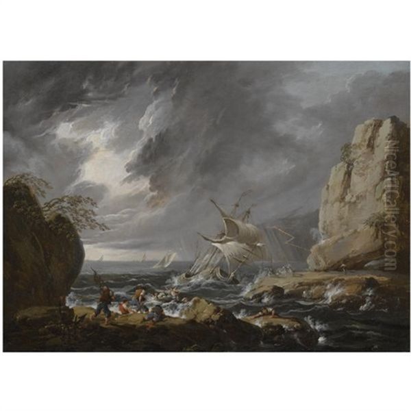 A Stormy Coastal Landscape With A Ship Running Aground Oil Painting by Jean Baptiste Pillement