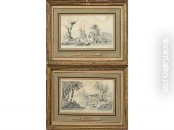 Paysage Aux Lavandieres (+ Paysage Aux Ruines; Pair) Oil Painting by Jean Baptiste Pillement