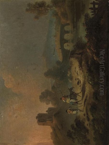 Bergers Aux Abords D'un Pont Au Soleil Couchant Oil Painting by Jean Baptiste Pillement