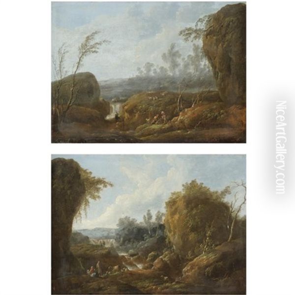 An Extensive River Landscape With A Waterfall And A Peasant Couple With A Dog In The Foreground ( Pair) Oil Painting by Jean Baptiste Pillement