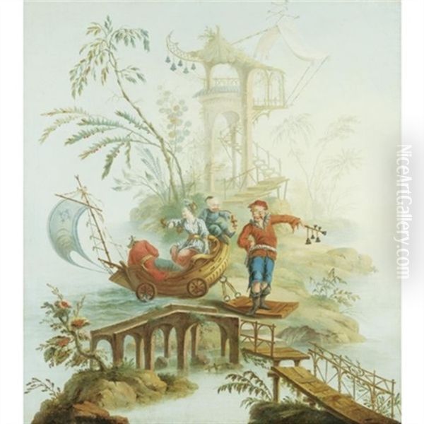 A Chinoiserie With Figures In An Imaginery Setting Oil Painting by Jean Baptiste Pillement