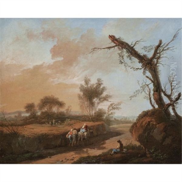 An Italianate Landscape With Travellers On A Track Oil Painting by Jean Baptiste Pillement