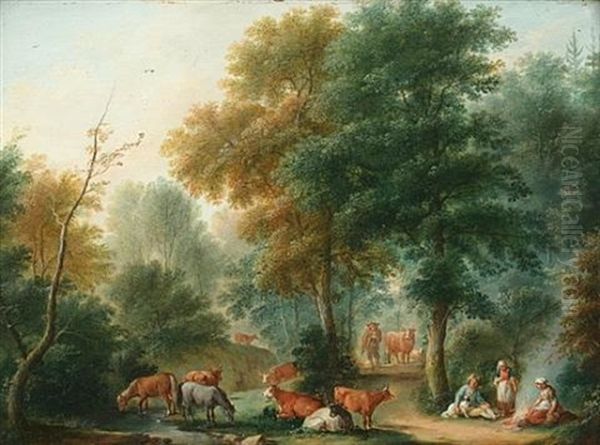 Drovers With Cattle In A Landscape (+ Another Similar; 2 Works) Oil Painting by Jean Baptiste Pillement