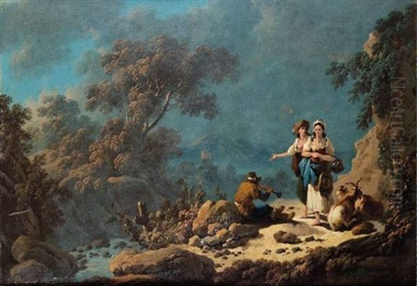 Bergere Ecoutant Un Berger Musicien Devant Un Paysage De Riviere Au Portugal Oil Painting by Jean Baptiste Pillement