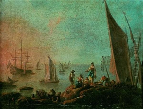 Pecheurs Portugais Sur Des Rochers Devant Leurs Bateaux Oil Painting by Jean Baptiste Pillement