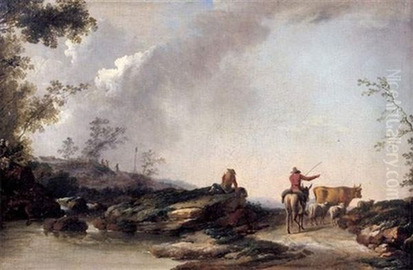 Berger Et Son Troupeau Sur Un Chemin Le Long D'une Riviere Oil Painting by Jean Baptiste Pillement