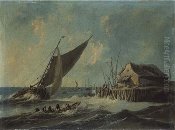 Pecheurs Et Navires Pres D'un Rivage Oil Painting by Jean Baptiste Pillement