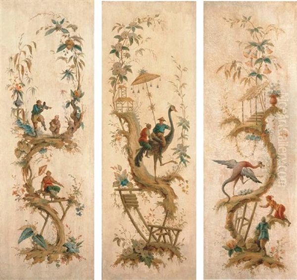 Chinoiseries (set Of 3, Mounted As A Screen) Oil Painting by Jean Baptiste Pillement