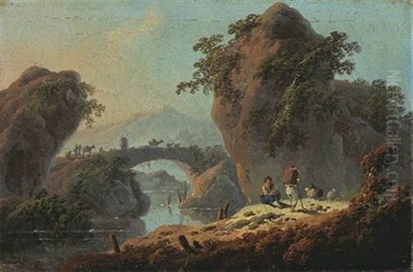 Un Paysage De Riviere Au Portugal Anime De Deux Bergers Oil Painting by Jean Baptiste Pillement