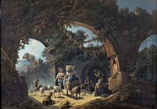 Des Bergers Et Leur Troupeau A L'abri Sous Des Ruines Dans Un Paysage Oil Painting by Jean Baptiste Pillement