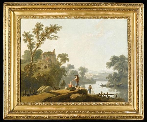 A River Landscape With Fishermen, A Ruin On A Hill Beyond Oil Painting by Jean Baptiste Pillement