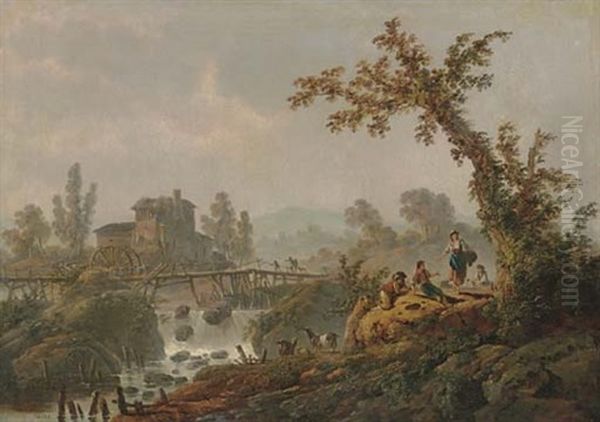 Shepherds Resting On A Bluff, A Mill And A Village Beyond Oil Painting by Jean Baptiste Pillement