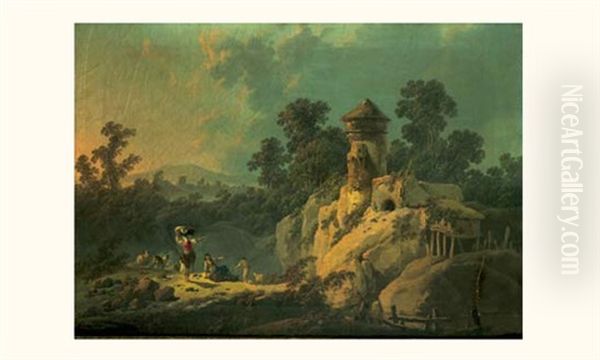 Le Repos Des Bergers Dans Un Paysage Domine Par Une Tour Oil Painting by Jean Baptiste Pillement