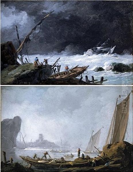 A Storm With Sailors Tending A Shipwreck On The Shore, A Man-o-war Sinking In The Distance (+ Fishermen Unloading Their Catch On The Shore, A Distant Castle Visible Through Fog Beyond; Pair) Oil Painting by Jean Baptiste Pillement