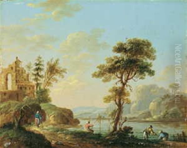 Flusslandschaften (2 Works) Oil Painting by Jean Baptiste Pillement