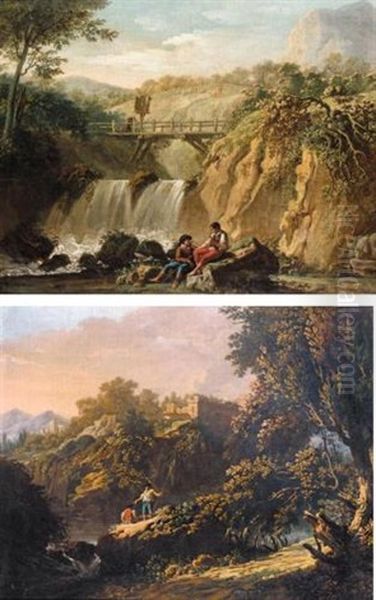 Mountainous Landscape With A Bridge Over A Waterfall And Two Young Men Conversing (+ River At Sunset With Two Fishermen; Pair) by Jean Baptiste Pillement