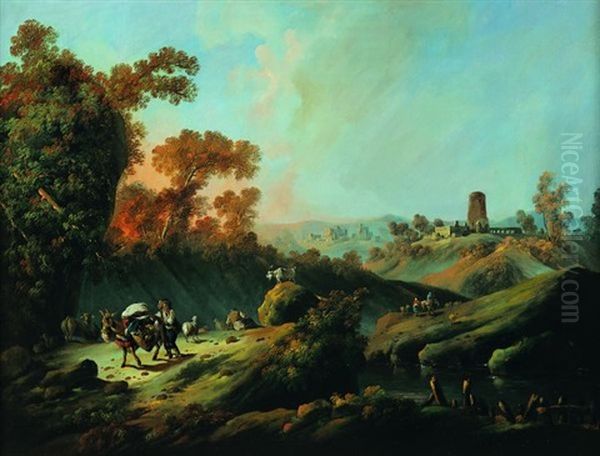 Scene Pastorale Dans Un Paysage De Riviere Au Portugal Oil Painting by Jean Baptiste Pillement