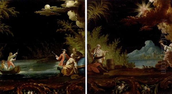 A Moonlit River Landscape With Boatmen And Personifications Of The Arts And Sciences (+ A Moonlit River Landscape With Figures On The Shore; Pair Of Fragments) Oil Painting by Jean Baptiste Pillement