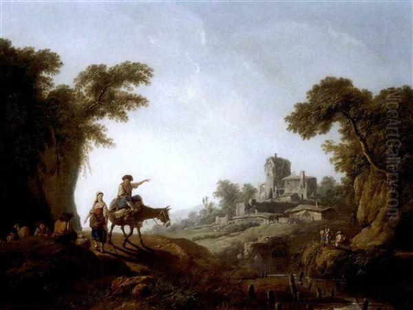 River Landscape With A Traveller On A Donkey And Shepherds Oil Painting by Jean Baptiste Pillement