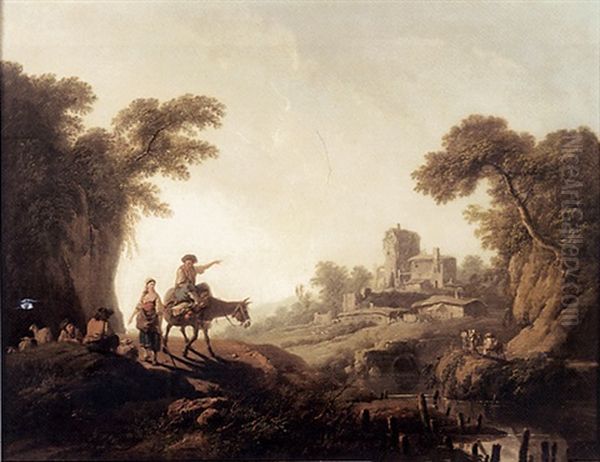 Deux Voyageurs Dans Un Paysage De Riviere Au Portugal Oil Painting by Jean Baptiste Pillement