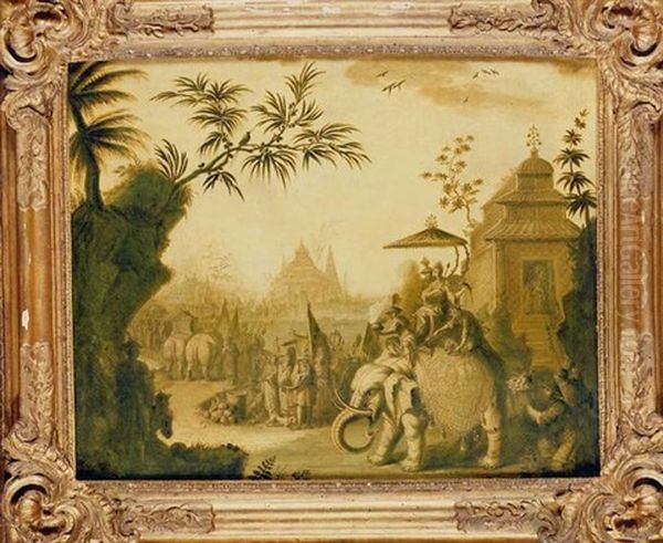 A Chinoiserie Procession Of Figures Riding On Elephants With Temples Beyond Oil Painting by Jean Baptiste Pillement